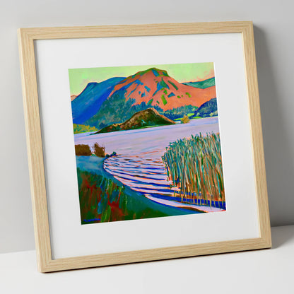 Grasmere Reeds and Vibrant Fells lake district lake art print in natural frame