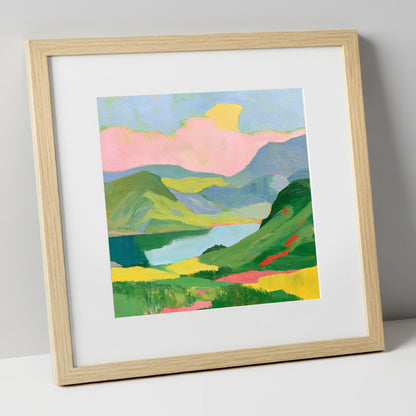 Vibrant Fells and Mountain Lake lake district lake art print in natural frame