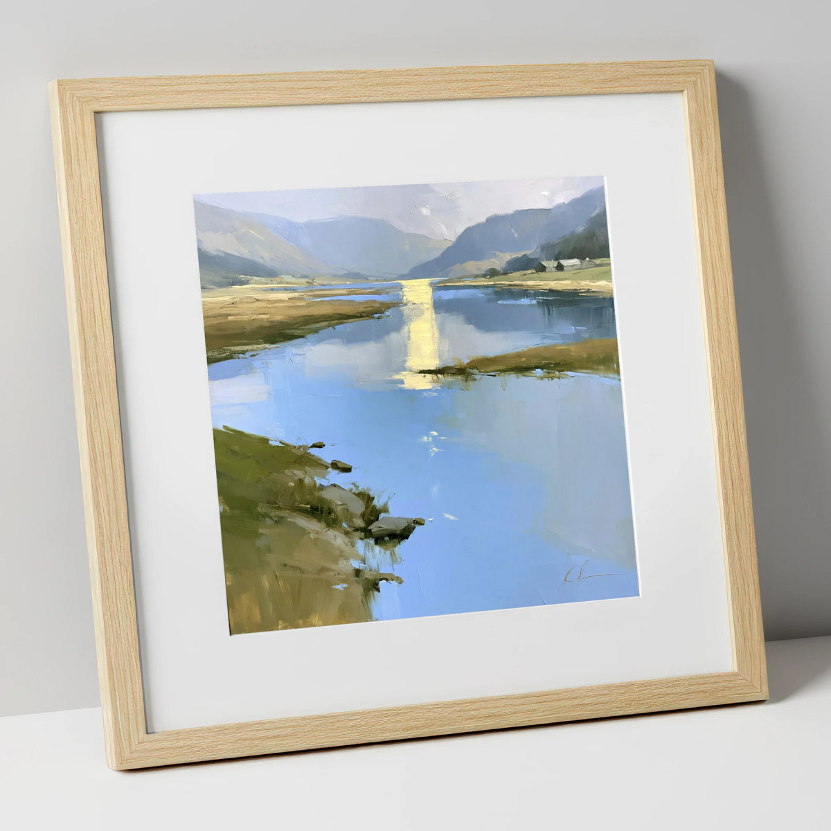 Golden Reflection on the Lake lake district lake art print in natural frame