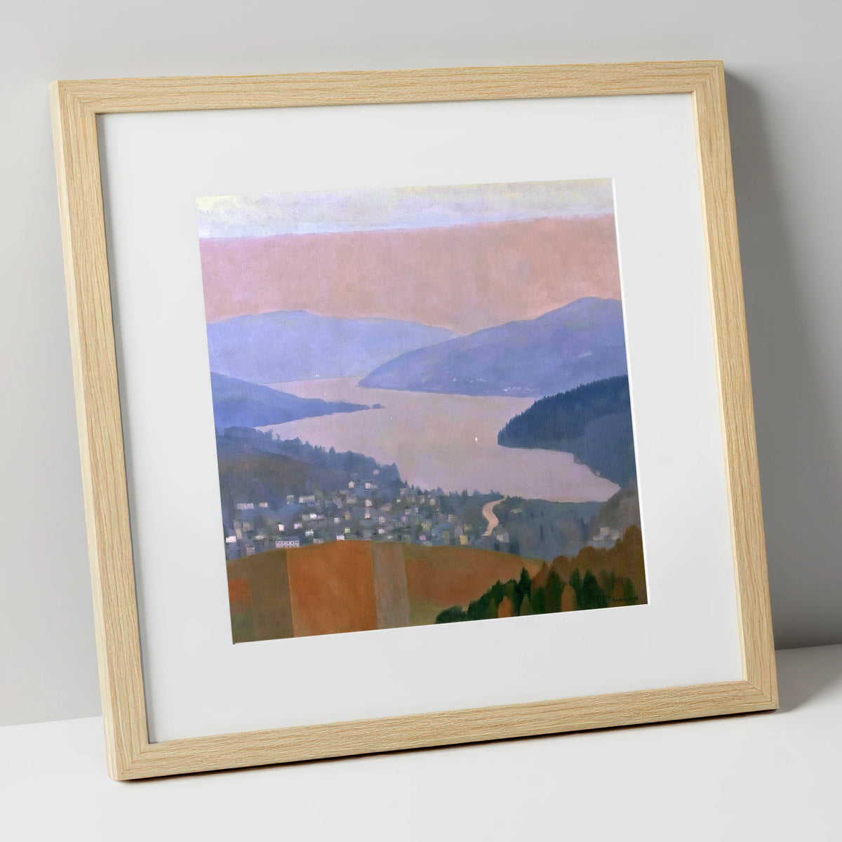 Ambleside and Lake in Pastel Dusk lake district village art print in natural frame