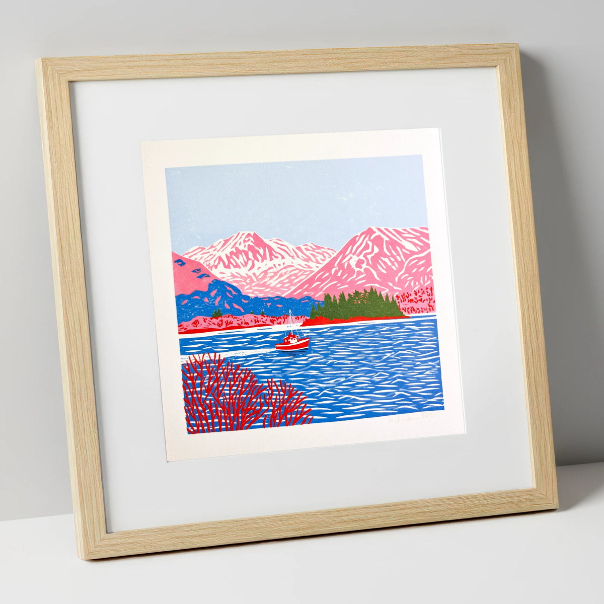 Derwentwater Boat and Pink Fells lake district lake art print in natural frame