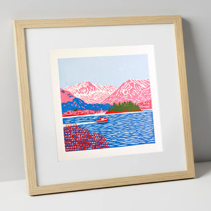 Derwentwater Boat and Pink Fells lake district lake art print in natural frame