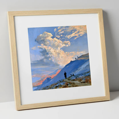 Fell Hikers Under Sunlit Clouds lake district fell art print in natural frame