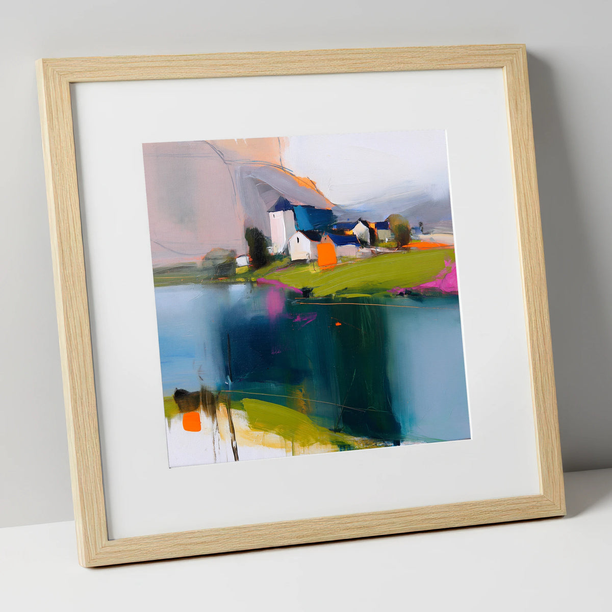 Vibrant Lakeside Village Reflections lake district village art print in natural frame