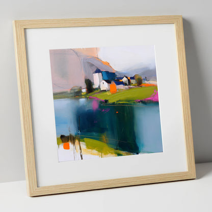 Vibrant Lakeside Village Reflections lake district village art print in natural frame