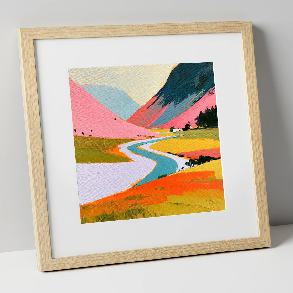 Winding River Through Pink Fells lake district waterfall art print in natural frame