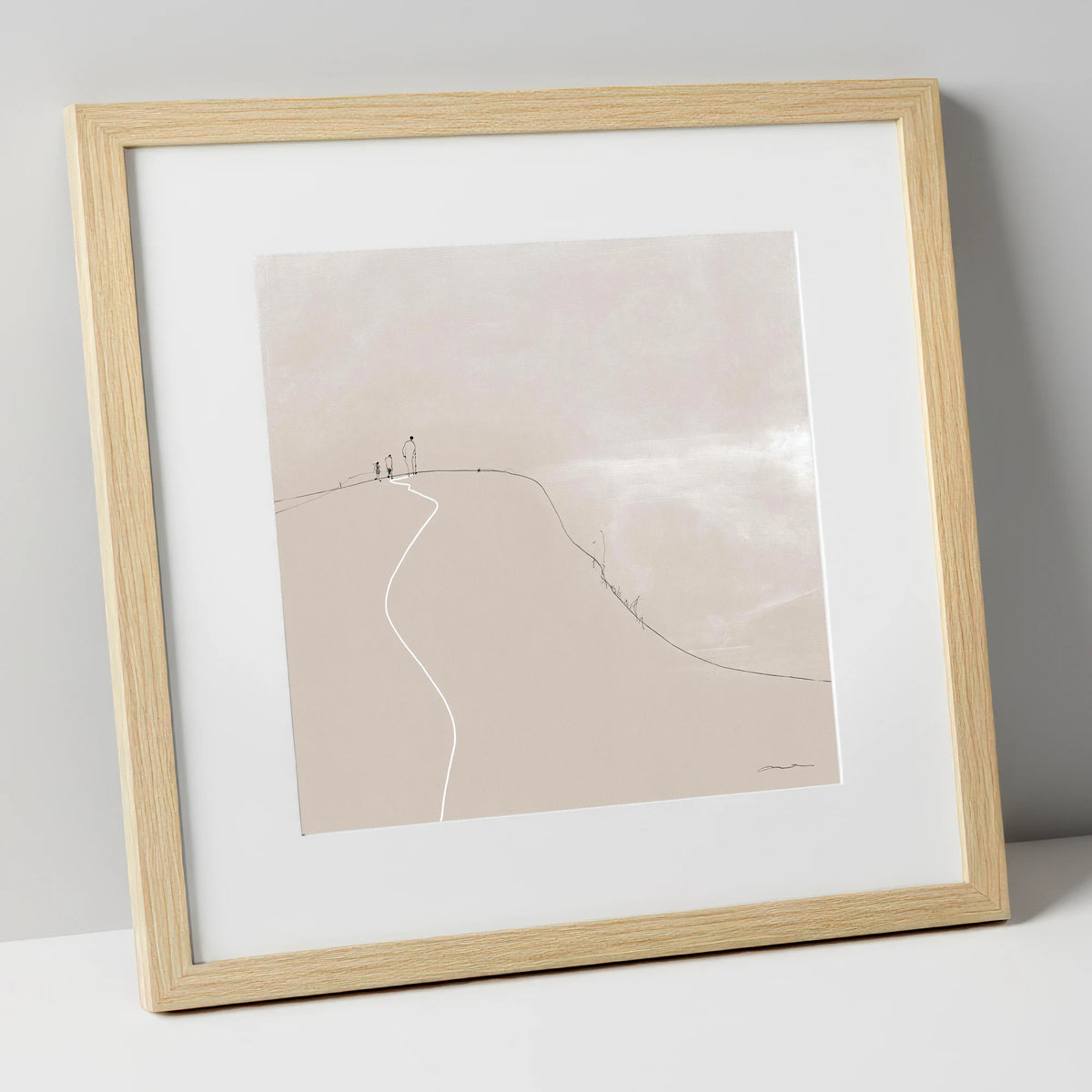 Walkers on a Winding Fell Path lake district walking art print in natural frame