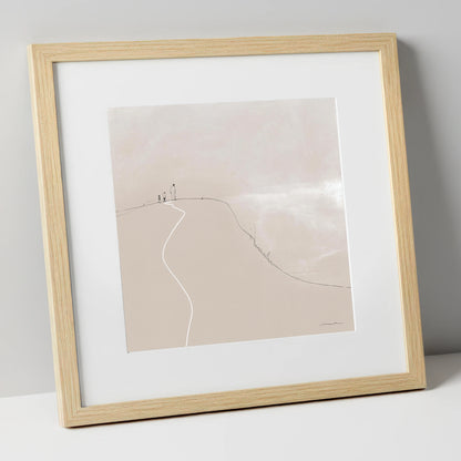 Walkers on a Winding Fell Path lake district walking art print in natural frame