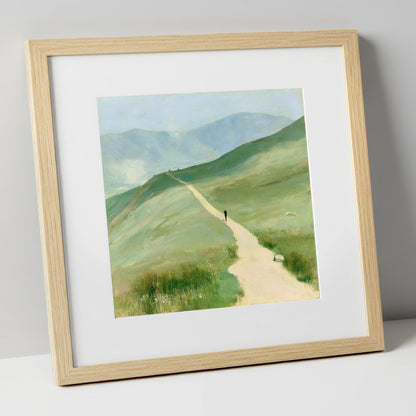 Trail Runner on Helvellyn Path lake district walking art print in natural frame