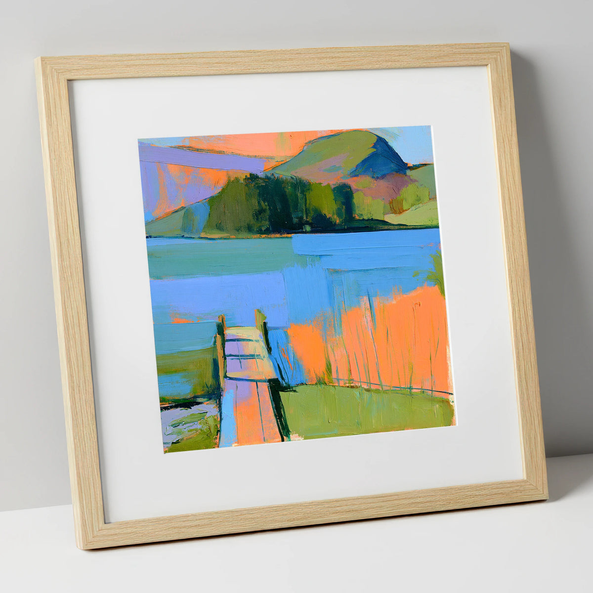 Vibrant Grasmere Wooden Jetty lake district lake art print in natural frame