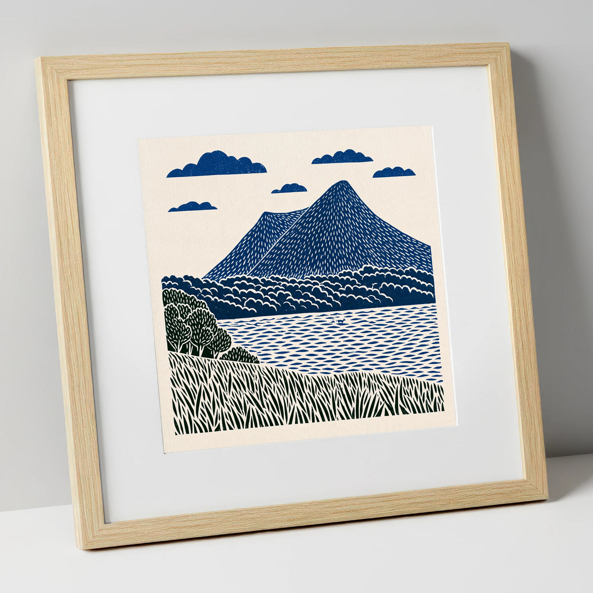 Graphic Navy Catbells Fell lake district fell art print in natural frame