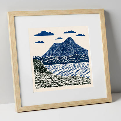 Graphic Navy Catbells Fell lake district fell art print in natural frame