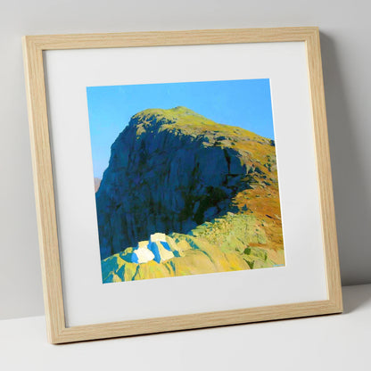Sunlit Crags of Harrison Stickle lake district fell art print in natural frame
