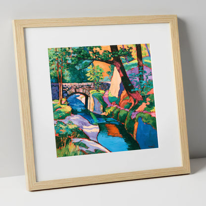 Vibrant Bridge Over Turquoise Beck lake district waterfall art print in natural frame