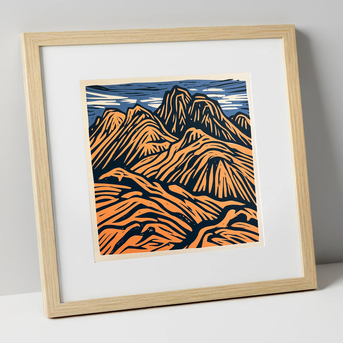 Bowfell in Terracotta and Navy lake district fell art print in natural frame