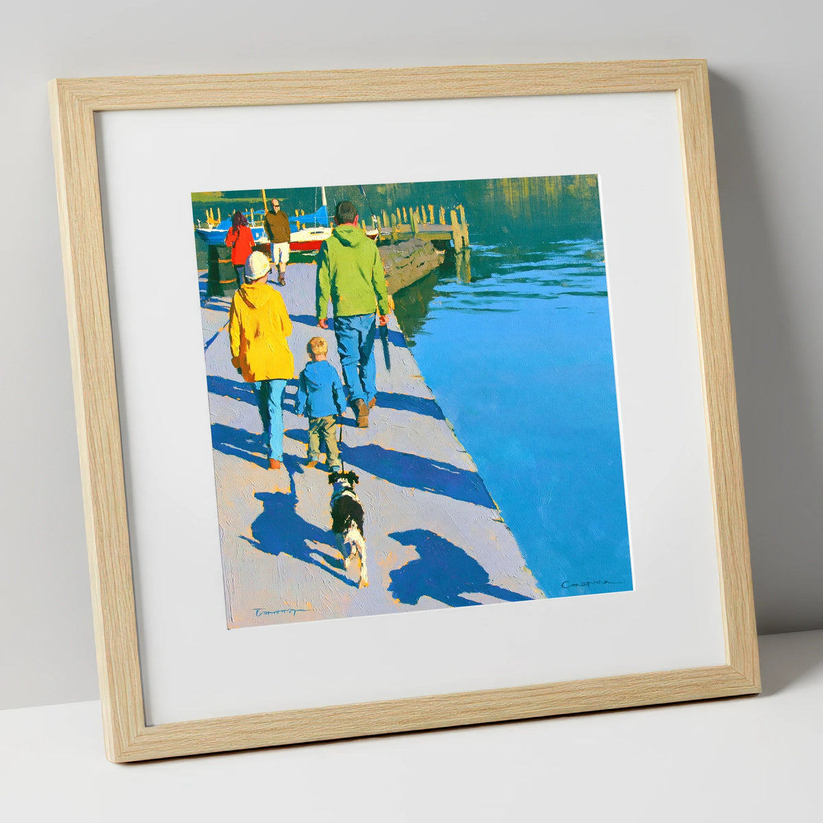 Vibrant Ambleside Family Dog Walk gifts for dog walkers art print in natural frame