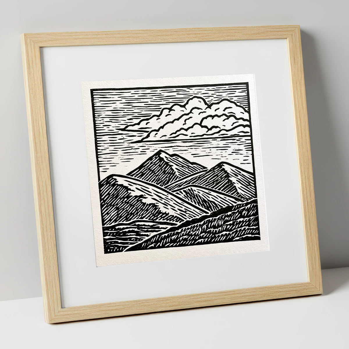 Black and White Rolling Fells lake district fell art print in natural frame