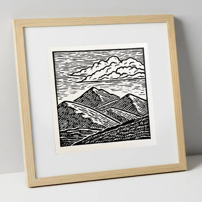 Black and White Rolling Fells lake district fell art print in natural frame