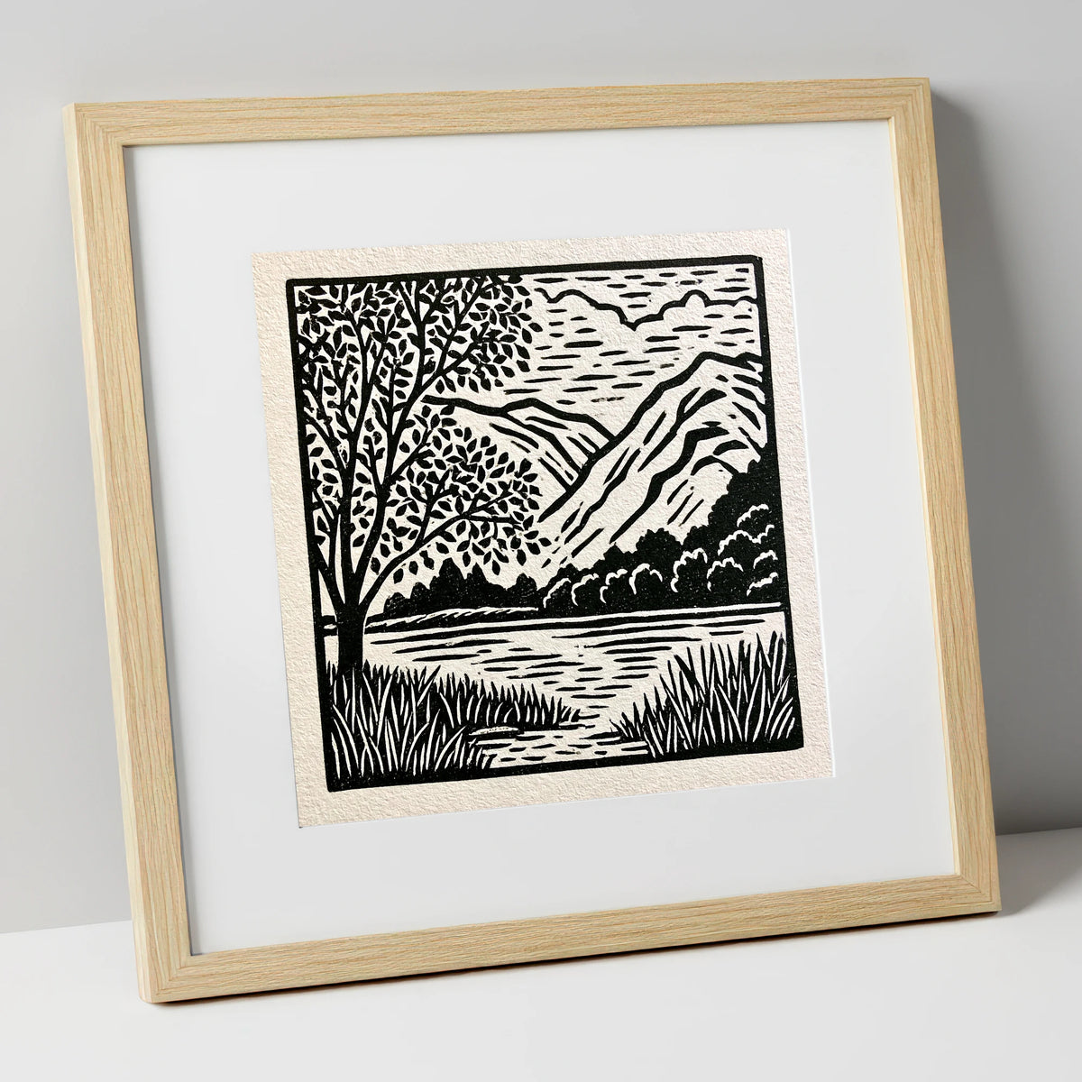 Monochrome Grasmere Water and Fells lake district lake art print in natural frame