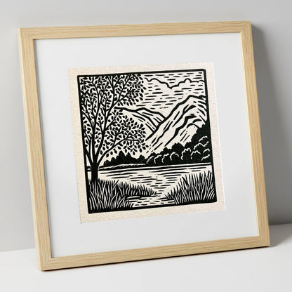 Monochrome Grasmere Water and Fells lake district lake art print in natural frame