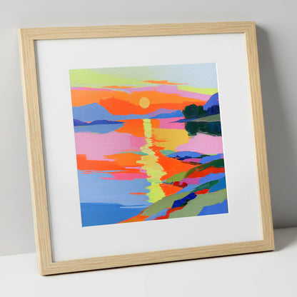 Vivid Sunset Over the Water lake district lake art print in natural frame