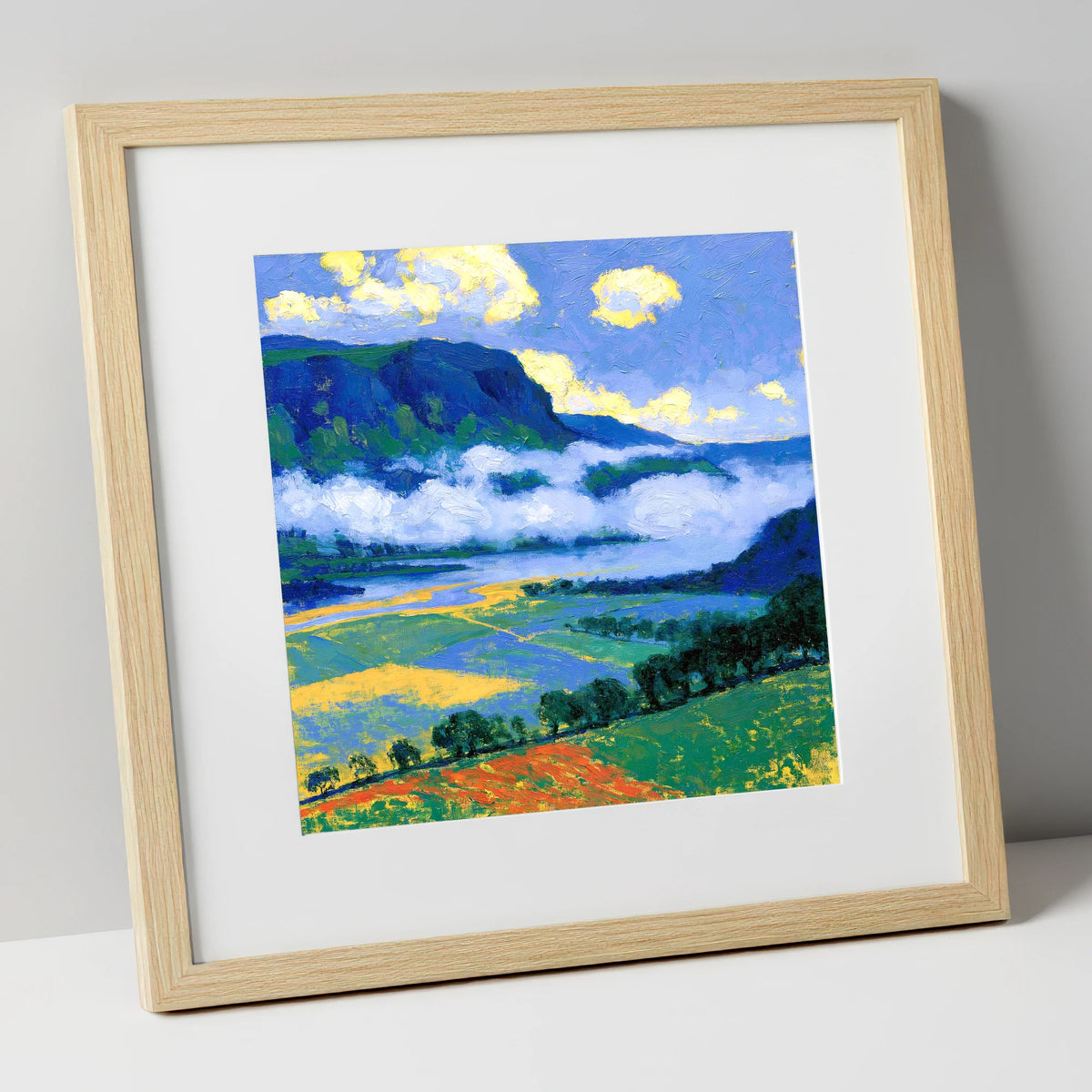 Blue Fells And Valley Mist lake district sky art print in natural frame
