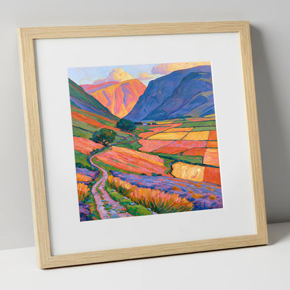 Sunlight on Patchwork Valley Fields lake district valley art print in natural frame