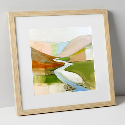 Winding River Through Pastel Fells lake district waterfall art print in natural frame