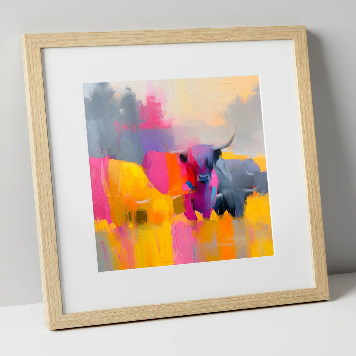 Colourful Highland Cattle Portrait lake district wildlife art print in natural frame