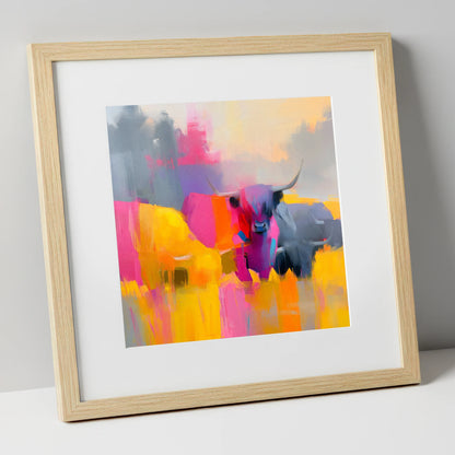 Colourful Highland Cattle Portrait lake district wildlife art print in natural frame
