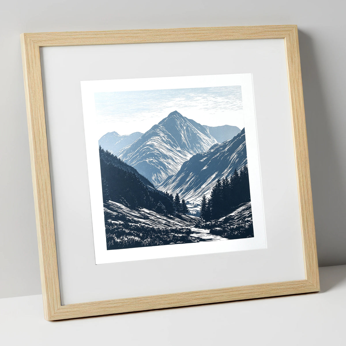 Bowfell Peak in Slate Blue lake district fell art print in natural frame