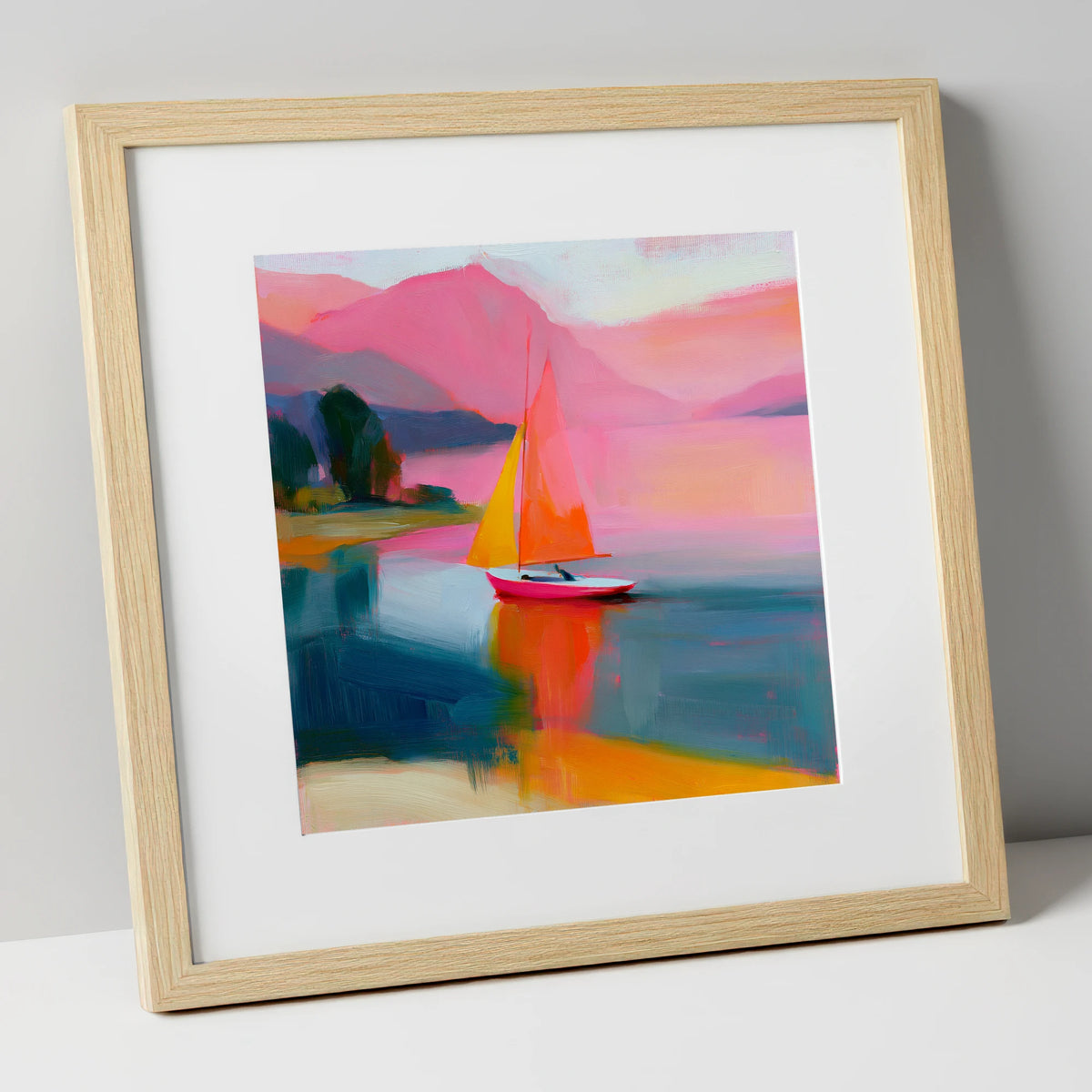 Vibrant Sailboat Beneath Pink Fells lake district walking art print in natural frame