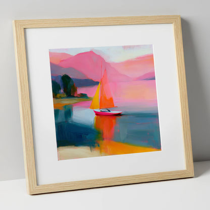 Vibrant Sailboat Beneath Pink Fells lake district walking art print in natural frame