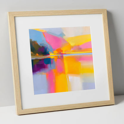 Vibrant Pink Calm Lake Reflections lake district lake art print in natural frame