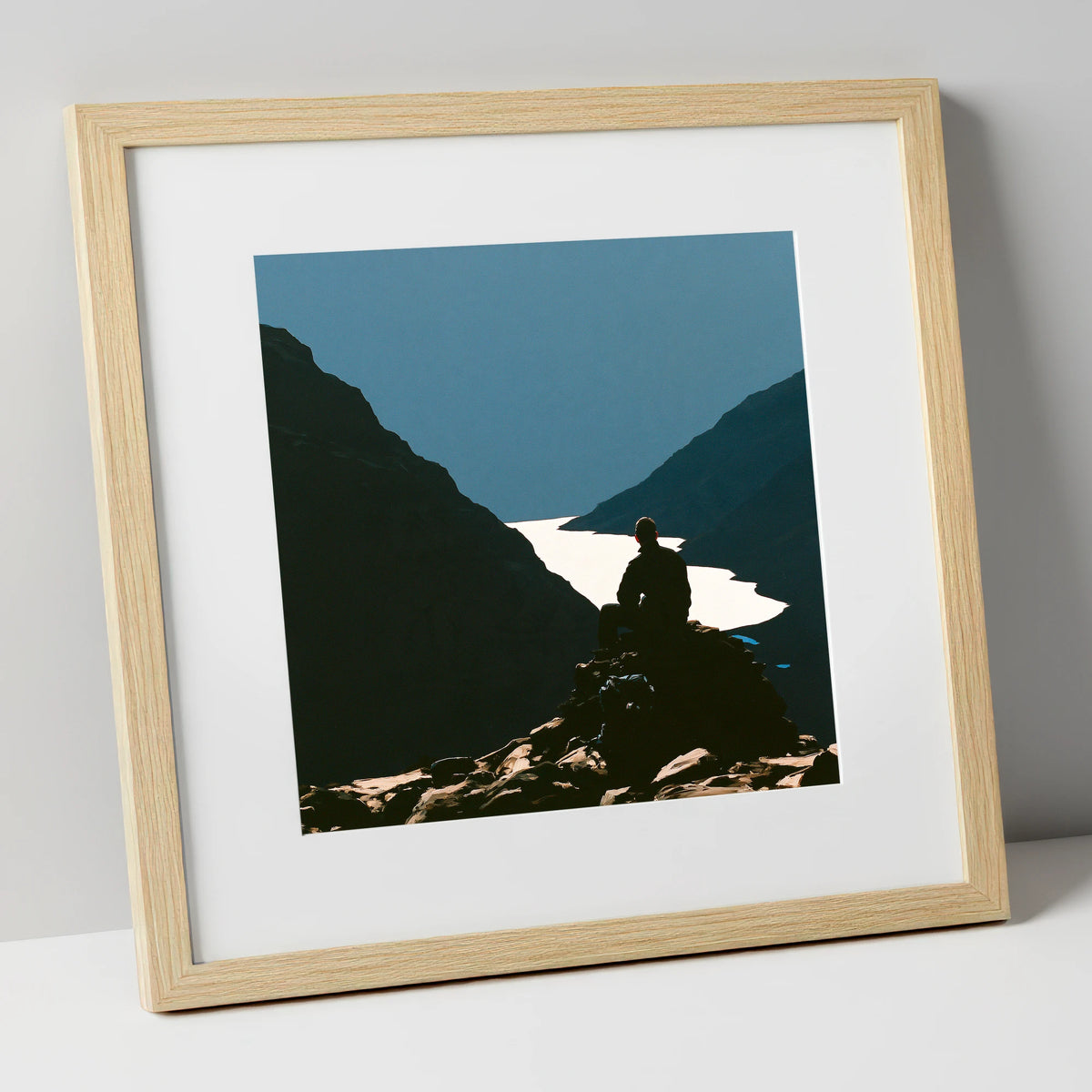 Walker Silhouette on Great Gable lake district fell art print in natural frame