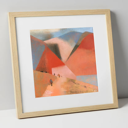 Terracotta Fells and Mountain Walkers lake district walking art print in natural frame