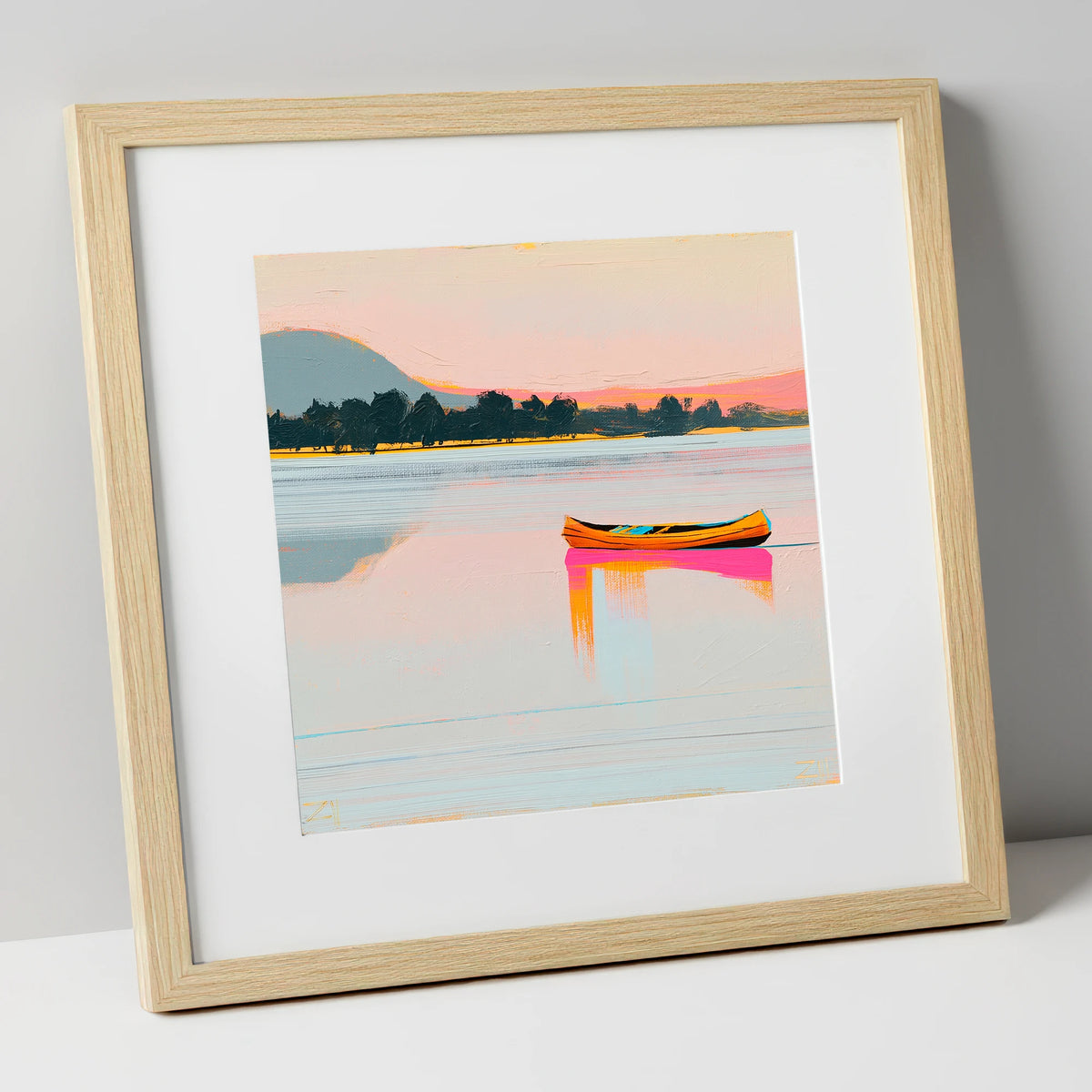 Bright Wooden Canoe on Windermere lake district lake art print in natural frame