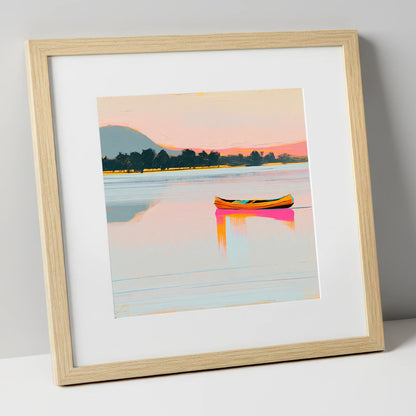 Bright Wooden Canoe on Windermere lake district lake art print in natural frame