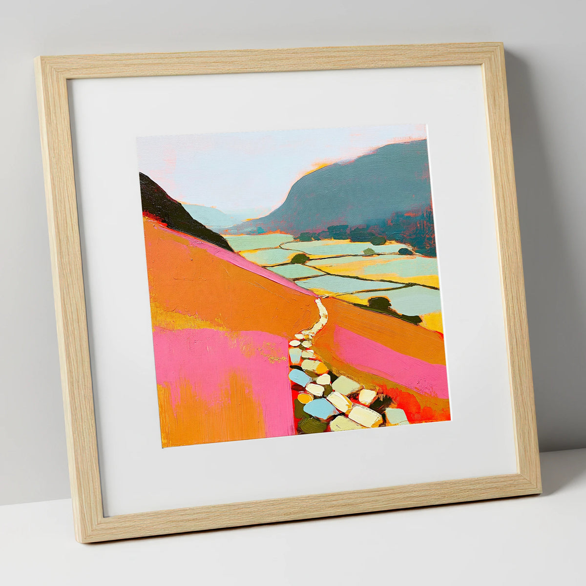 Colourful Fell Path to Patterdale lake district village art print in natural frame