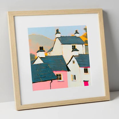 Vibrant Slate Roofed Cottages lake district village art print in natural frame