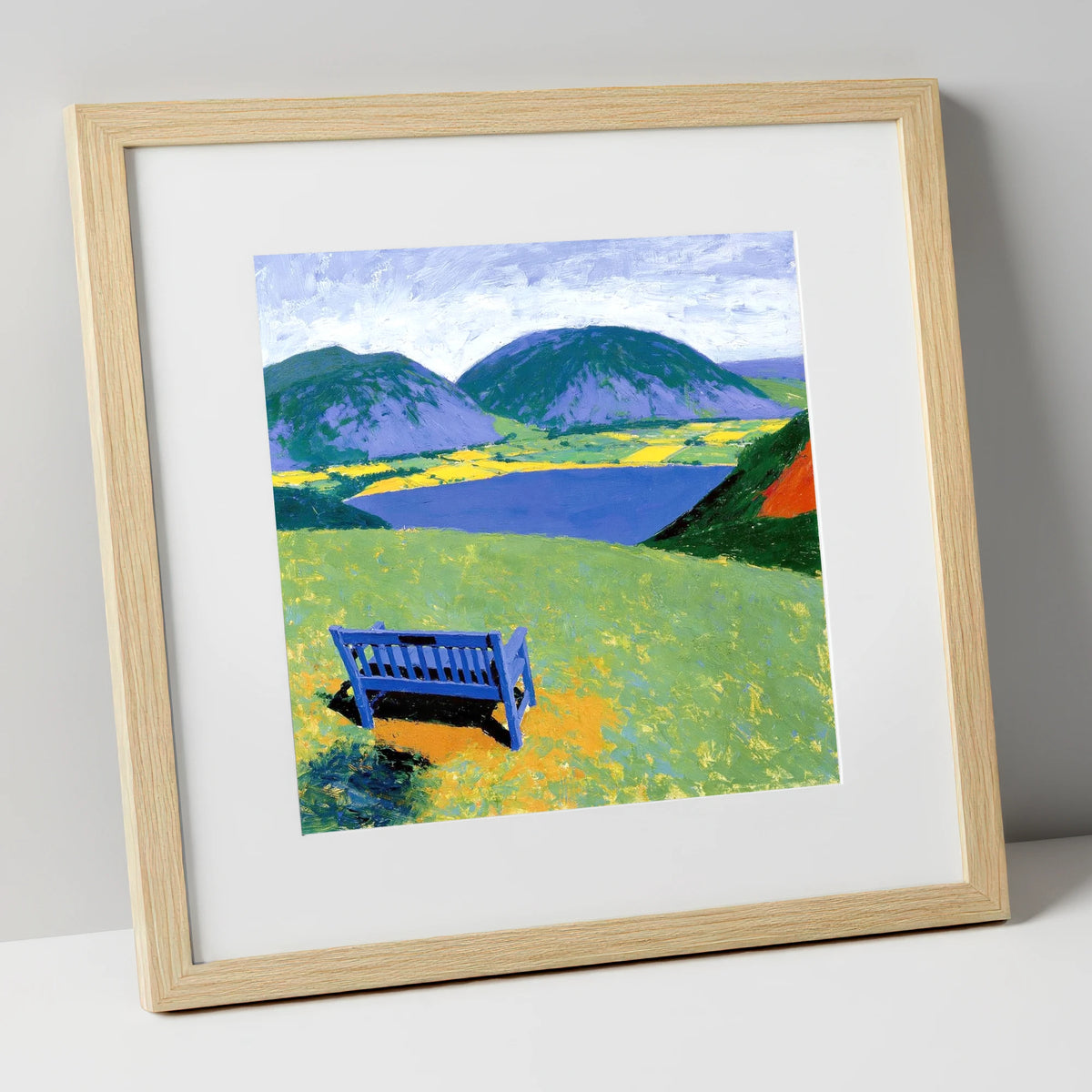 Blue Bench Above Loweswater lake district lake art print in natural frame