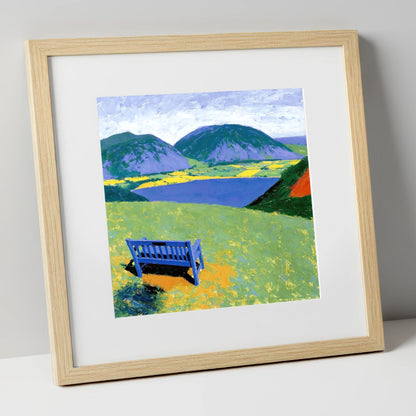 Blue Bench Above Loweswater lake district lake art print in natural frame