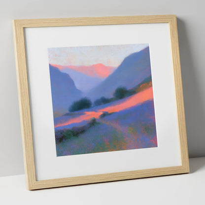 Pink Light Over Valley Drystone Wall lake district valley art print in natural frame