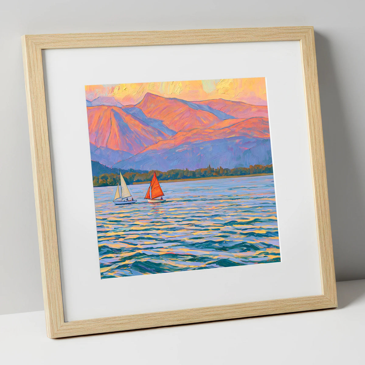 Sailing Windermere Under Purple Fells lake district lake art print in natural frame