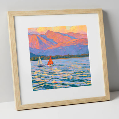 Sailing Windermere Under Purple Fells lake district lake art print in natural frame