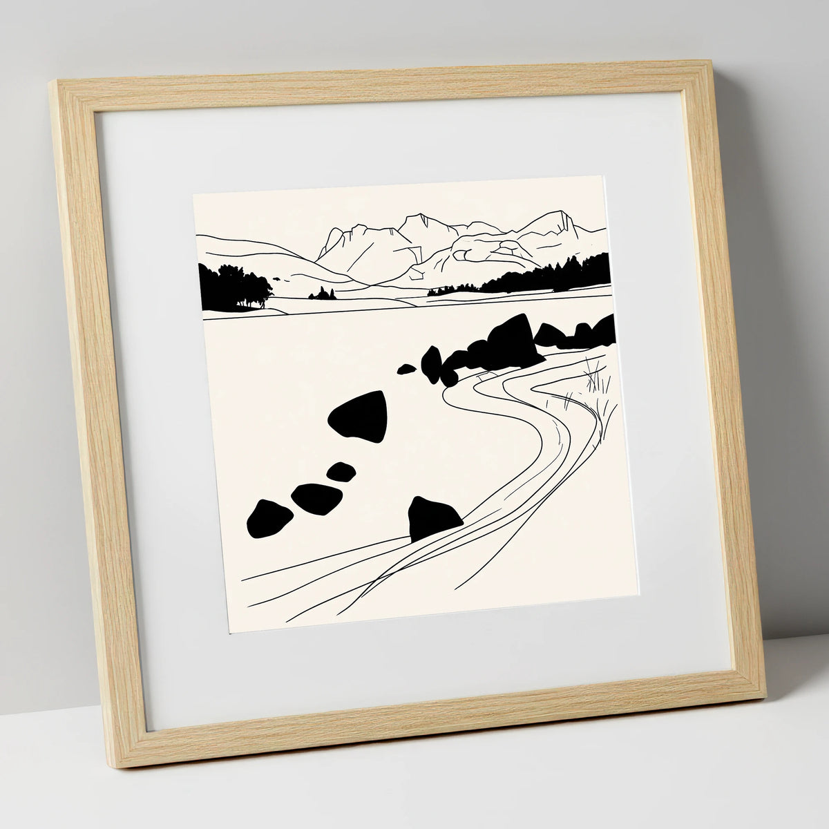 Minimalist Elterwater Scattered Rocks lake district lake art print in natural frame