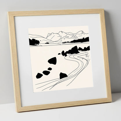 Minimalist Elterwater Scattered Rocks lake district lake art print in natural frame