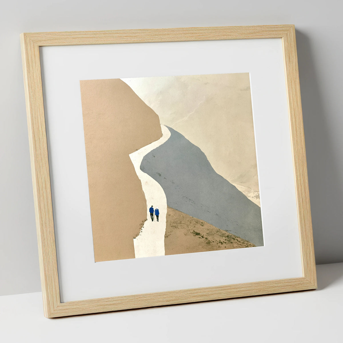 Fell Walkers on the Winding Slate Path lake district walking art print in natural frame