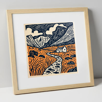 Eskdale Cottage and Navy Fells lake district valley art print in natural frame