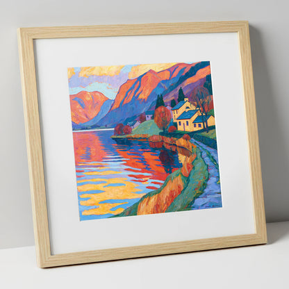 Golden Cottages on the Lakeshore lake district village art print in natural frame